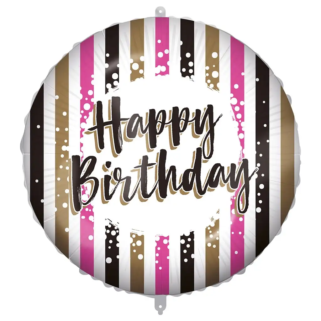 Geburtstags-Folienballon – mit der Aufschrift „Happy Birthday“, gold-schwarz-rosa gestreiftes Design, 46 cm