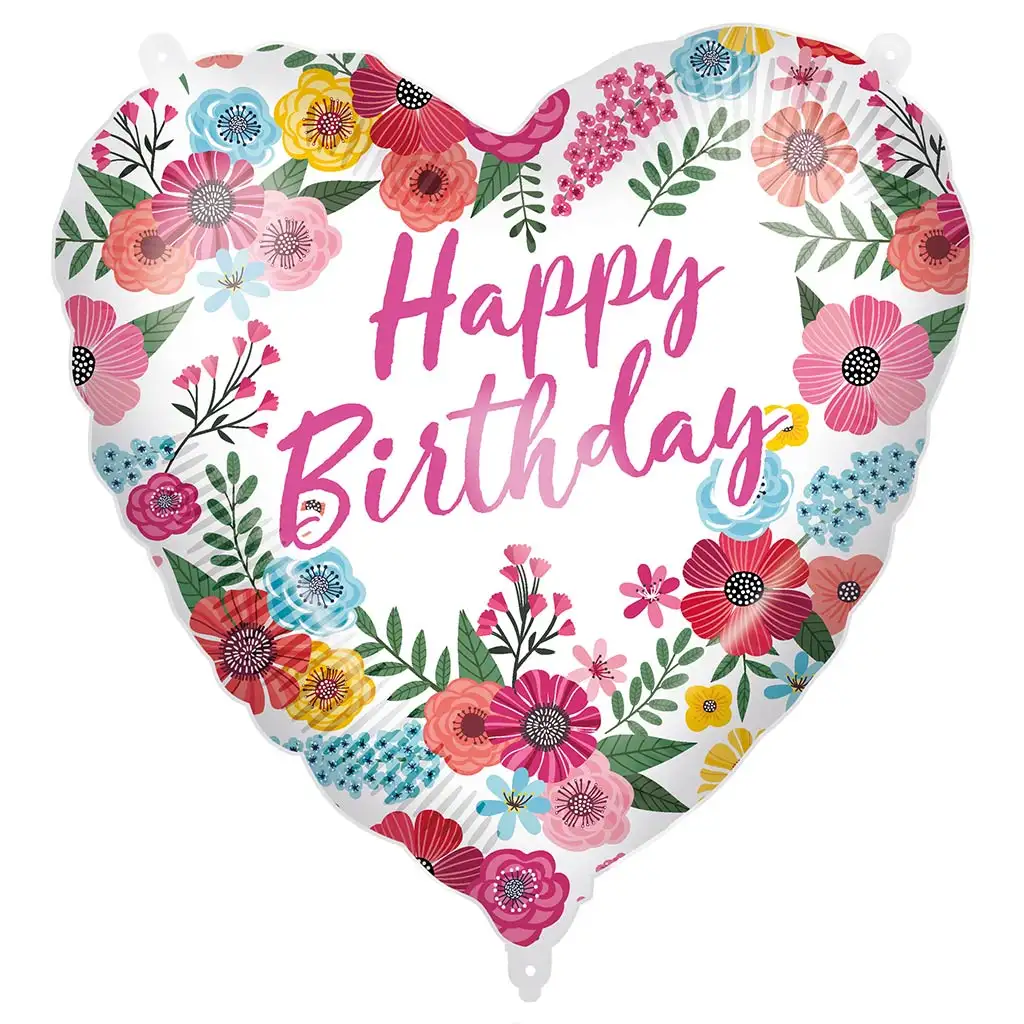 Geburtstags-Folienballon – mit der Aufschrift „Happy Birthday“, herzförmig, mit Blumenmuster, 46 cm