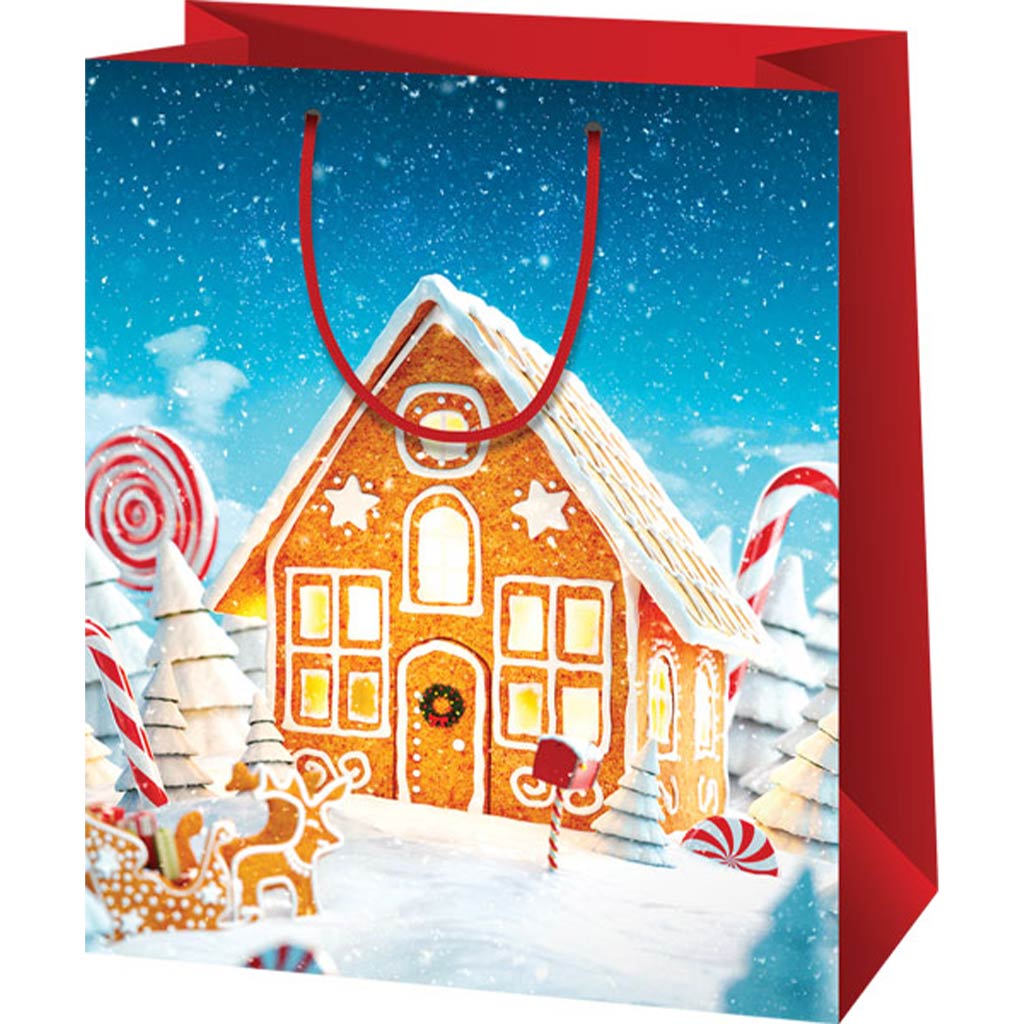 Geschenktasche in normaler Größe mit Lebkuchenhaus-Muster 11x6x14cm