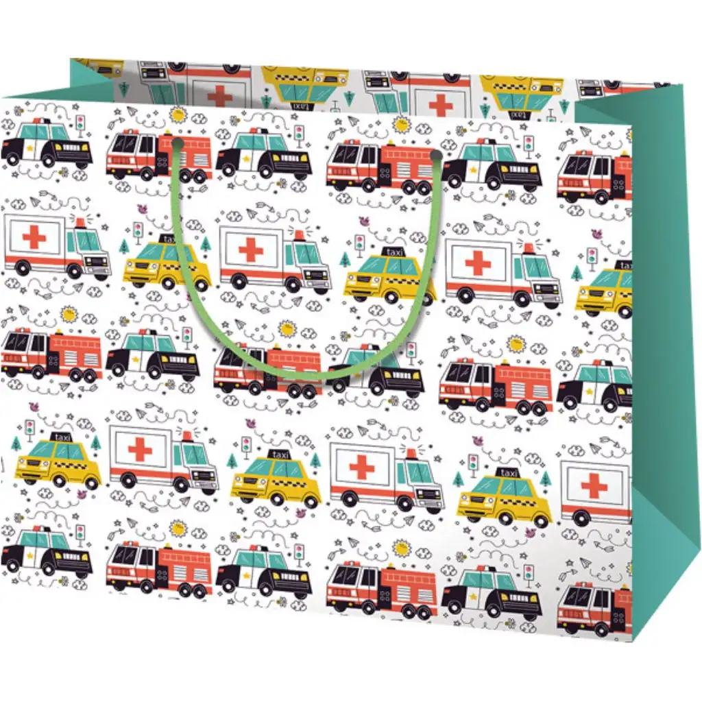 Große Geschenktasche mit Rettungsdienst-, Polizei- und Feuerwehrmuster 33x26,7x13,7cm