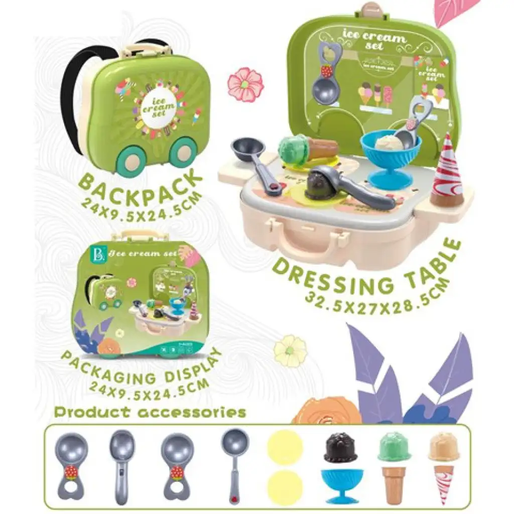 Grünes 2-in-1-Eiscreme-Stand-Set in rollendem Koffer mit Zubehör