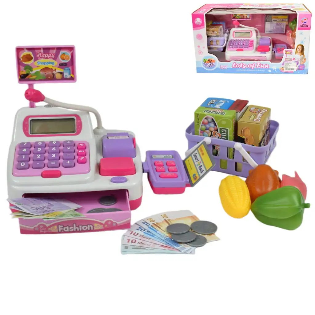 Happy Shopping: Elektronische weiß-rosa Registrierkasse mit Sound und Zubehör 22,5x17cm