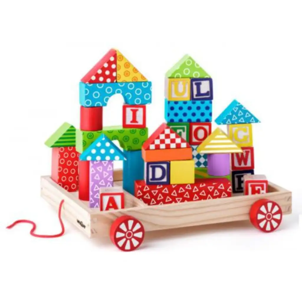 Holz-ABC-Zugwagen mit Bausteinen und Buchstabenwürfeln