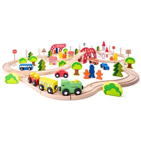 Holzeisenbahn-Set mit Brücke und Haltestelle - Woodyland