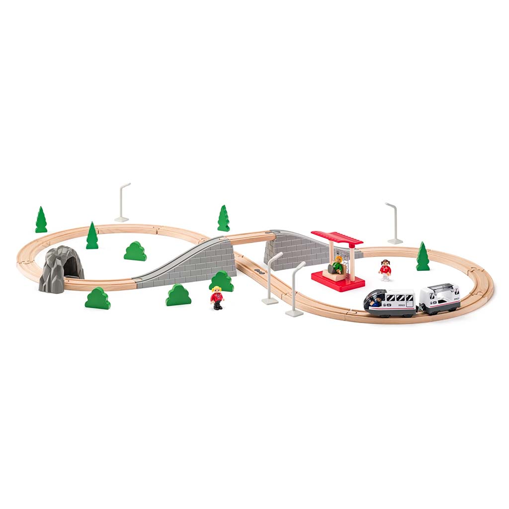 Holzeisenbahn zum Zusammenbauen mit Personenzug und weiterem Zubehör, 45-teilig - Woodyland kép 2