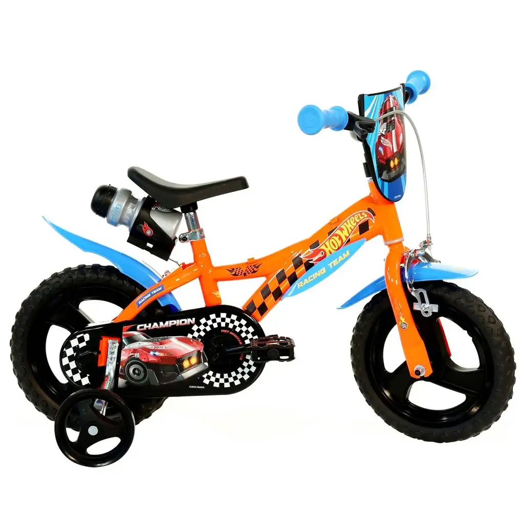 Hot Wheels 12" Kinderfahrrad mit Flaschenhalter und Stützrädern in Orange-Schwarz – Dino Bikes Fahrrad