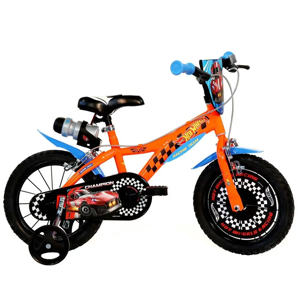 Hot Wheels 14" Kinderfahrrad mit Flaschenhalter und Stützrädern in orange-schwarz – Dino Bikes Fahrrad