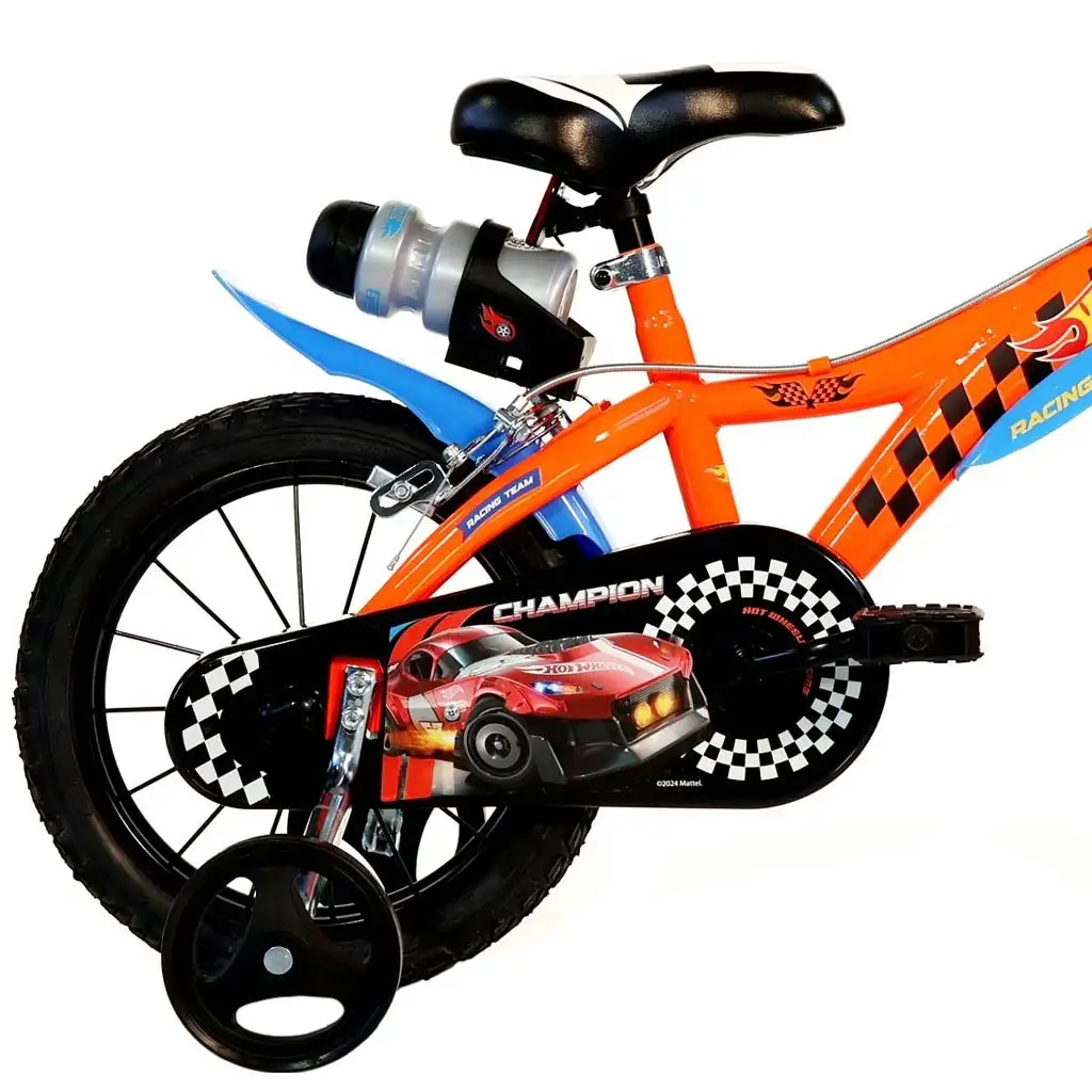 Hot Wheels 14" Kinderfahrrad mit Flaschenhalter und Stützrädern in orange-schwarz – Dino Bikes Fahrrad kép 3