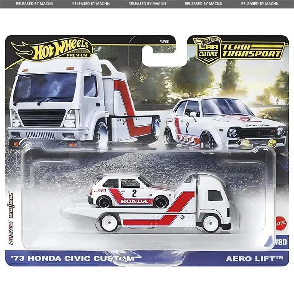 Hot Wheels: Aero Lift Premium Autotransporter und 73 Honda Civic Custom Modellauto 1/64 – Mattel