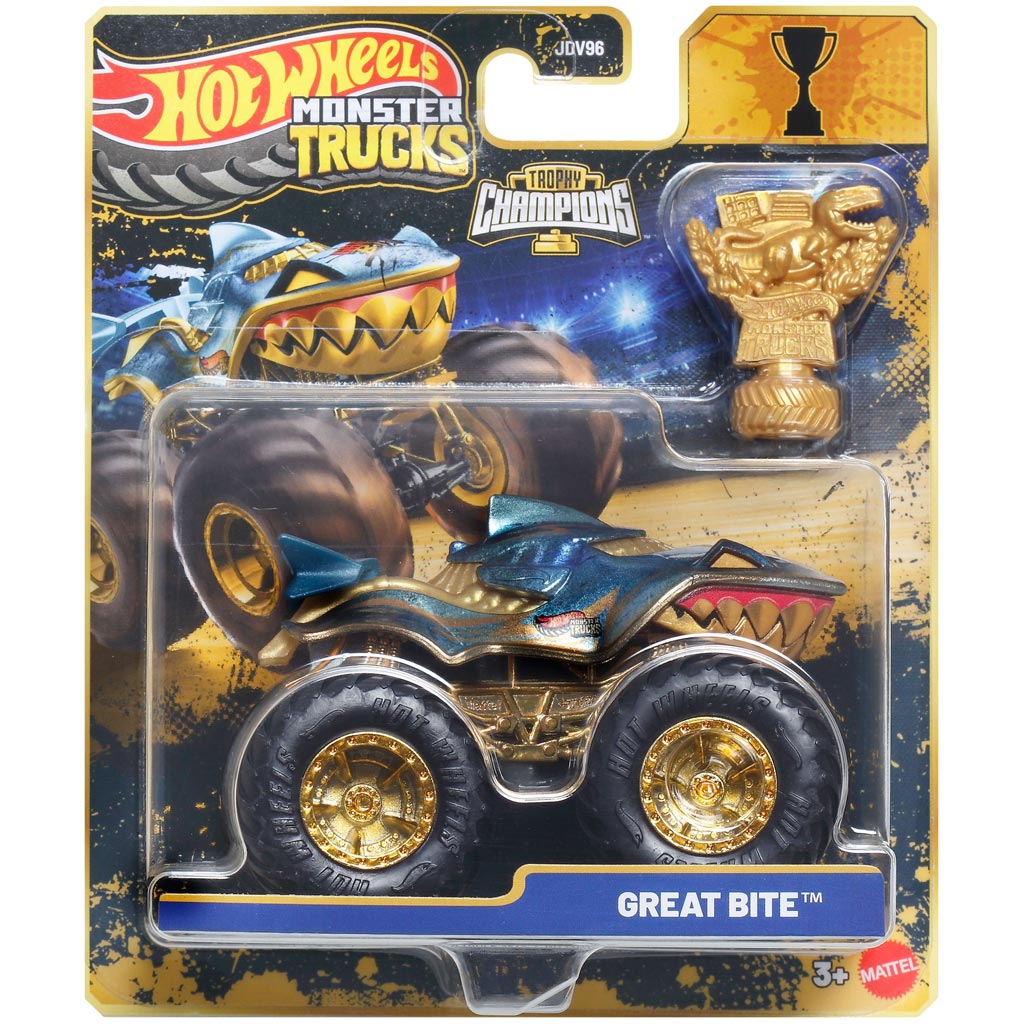 Hot Wheels Monster Trucks: Great Bite Champion-Modellauto mit Pokal 1:64 – Mattel