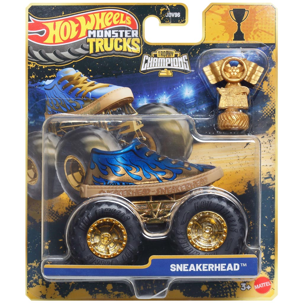 Hot Wheels Monster Trucks: Sneakerhead Champion-Modellauto mit Pokal, Maßstab 1:64 – Mattel