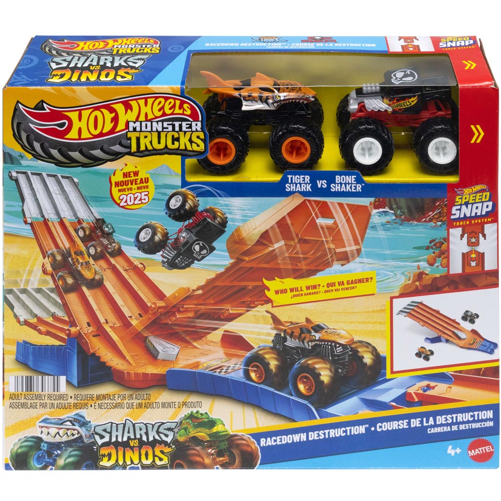 Hot Wheels Monster Trucks: Verfolgungs-Rennset mit 2 kleinen Autos - Mattel