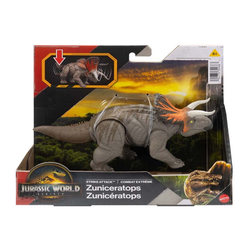 Jurassic World: Wiedererwachen Strike Attack Zuniceratops Angriff Dinosaurier-Figur - Mattel