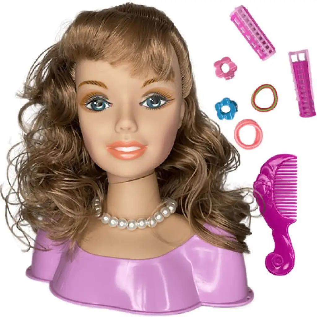 Kämmbarer Puppenkopf mit braunen Haaren, Perlenkette und Zubehör. kép 2