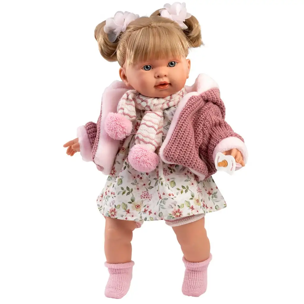 Llorens: Alexandra 42 cm große weinende Puppe mit Schnuller in rosa Strickjacke und geblümtem Rock