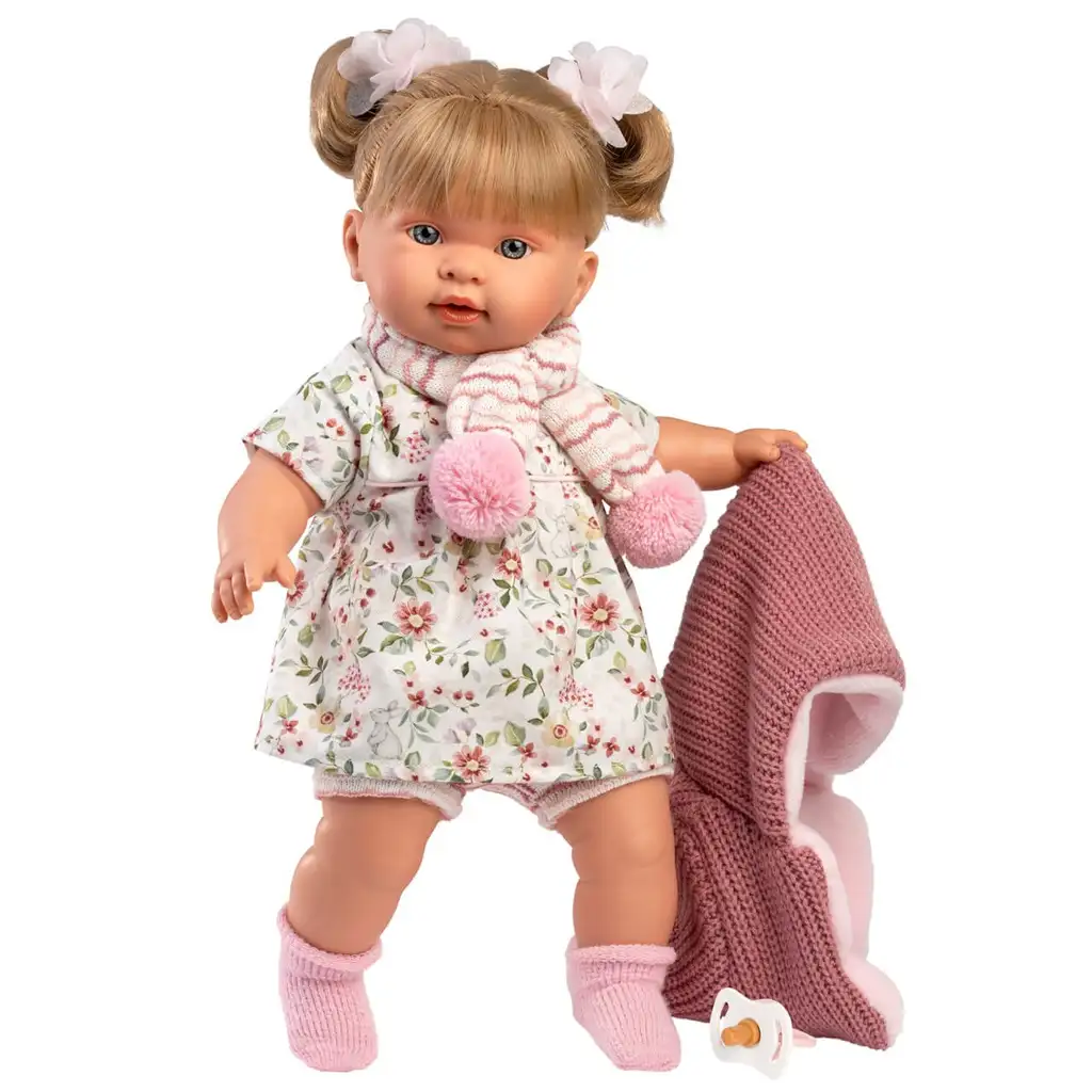 Llorens: Alexandra 42 cm große weinende Puppe mit Schnuller in rosa Strickjacke und geblümtem Rock kép 2