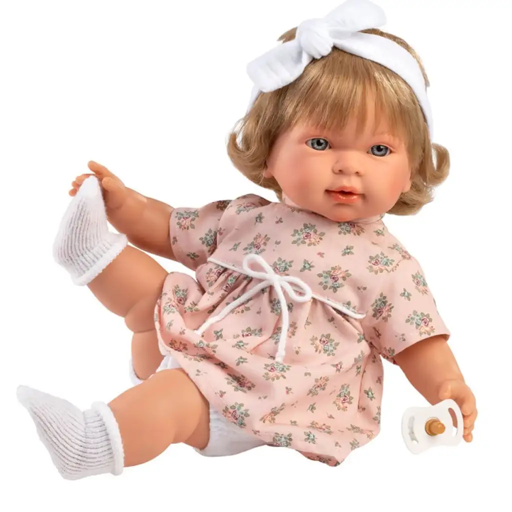 Llorens: Carla 42 cm große weinende Puppe im geblümten Kleid mit Stirnband kép 4