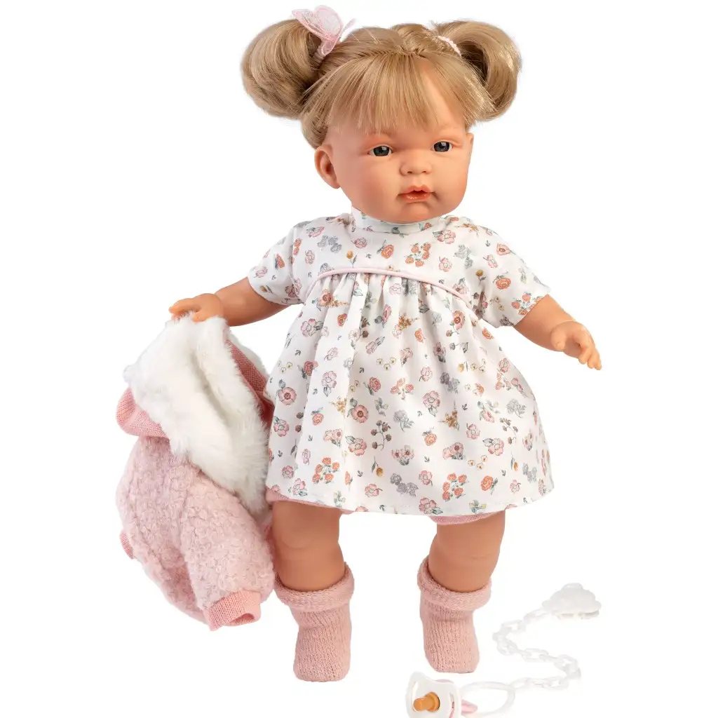 Llorens: Joelle 38 cm große Puppe mit Geräusch in einem Kleid mit Blumenmuster kép 3