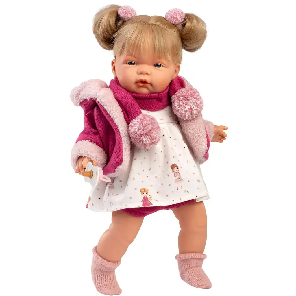 Llorens: Joelle 38 cm große weinende Puppe mit Schnuller in rosa Mantel