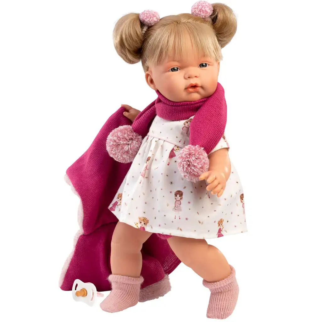 Llorens: Joelle 38 cm große weinende Puppe mit Schnuller in rosa Mantel kép 4