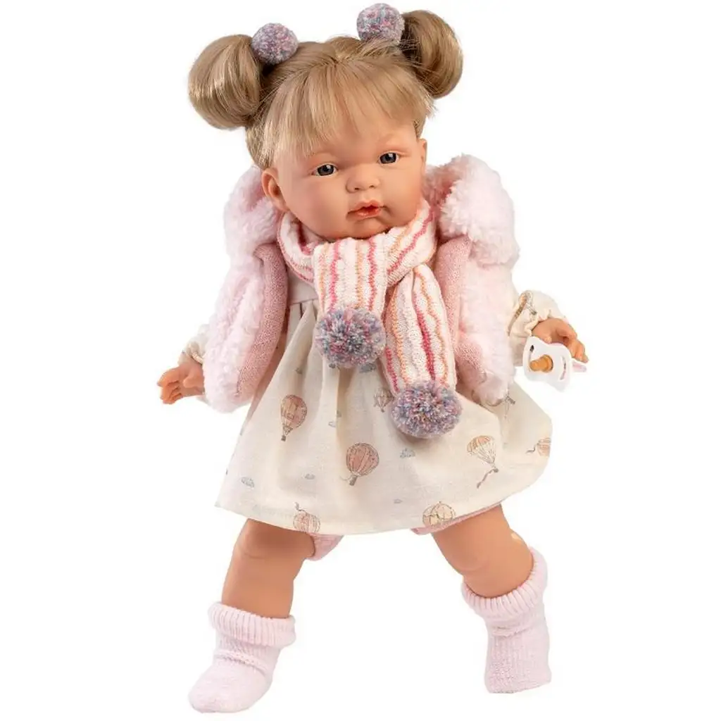 Llorens: Joelle 38 cm weinende Puppe mit Schnuller im Heißluftballon-Muster Kleid
