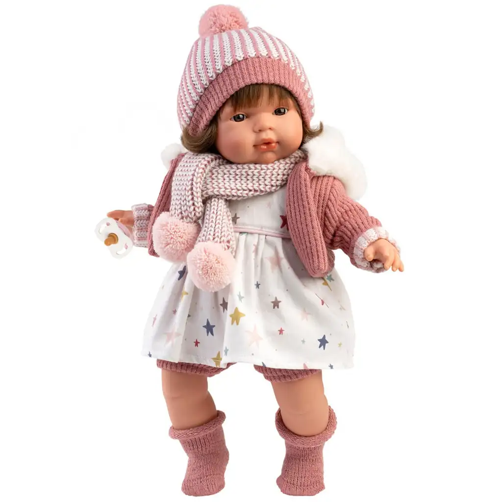 Llorens: Lola 38 cm große weinende Puppe mit Schnuller und Strickmütze