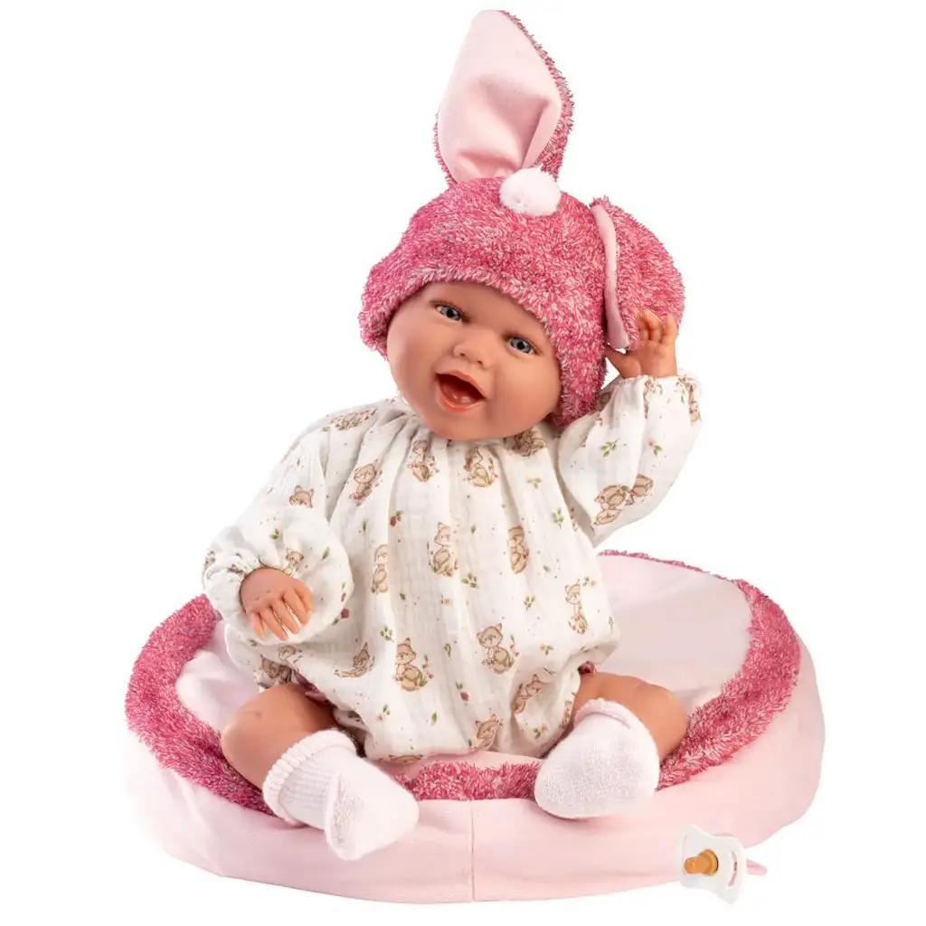 Llorens: Mimi 42 cm große lächelnde Puppe mit Hasenohren und rosa Mütze mit Kissen