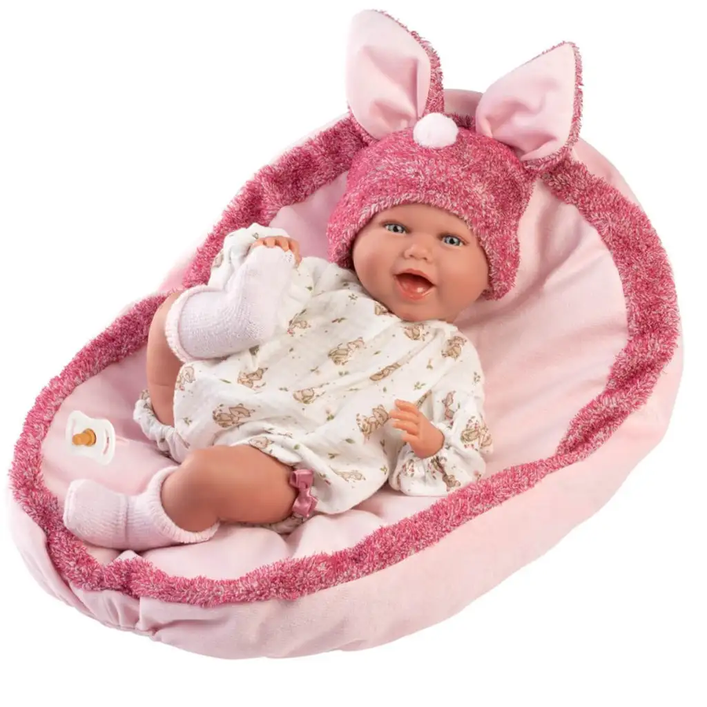 Llorens: Mimi 42 cm große lächelnde Puppe mit Hasenohren und rosa Mütze mit Kissen kép 2
