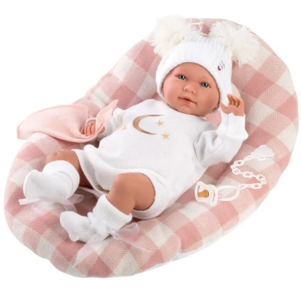 Llorens: Mimi Llorana 42cm weinendes Neugeborenes mit kariertem Bett