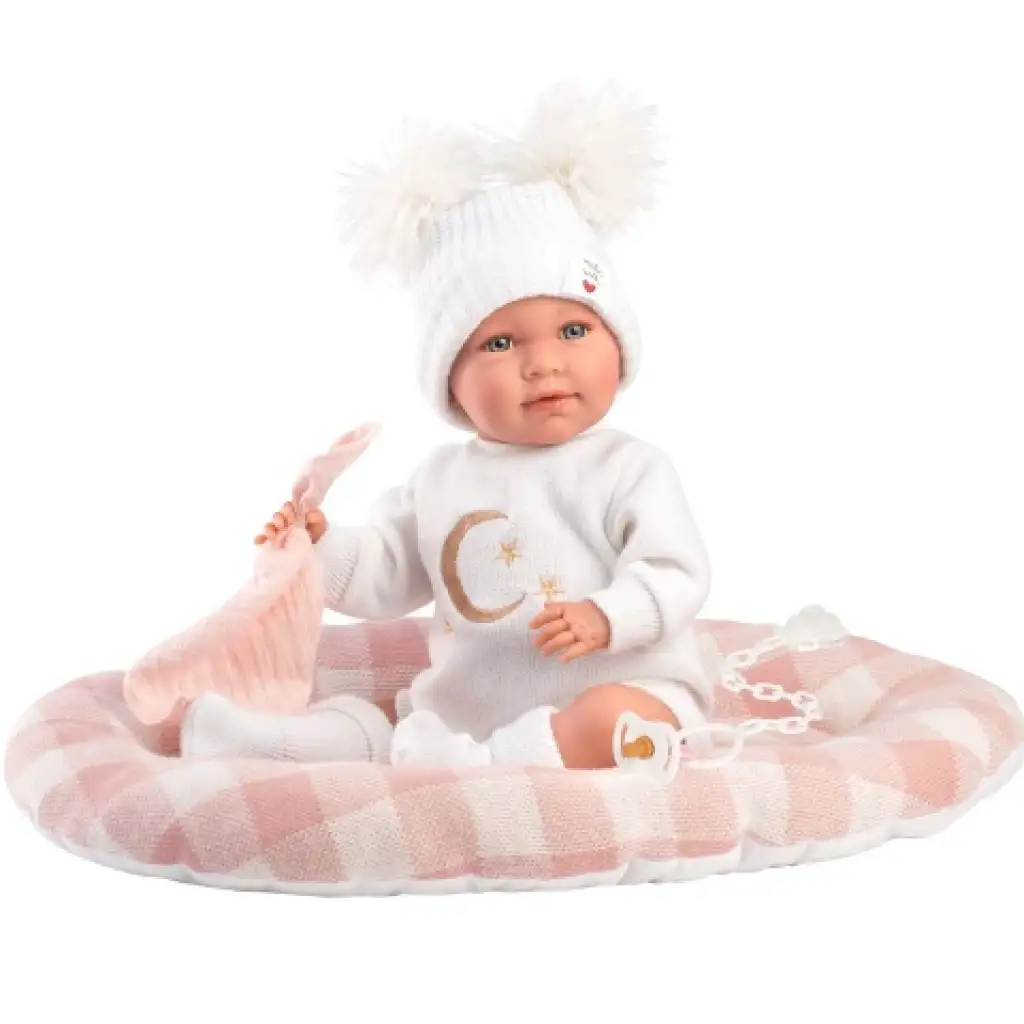 Llorens: Mimi Llorana 42cm weinendes Neugeborenes mit kariertem Bett kép 3
