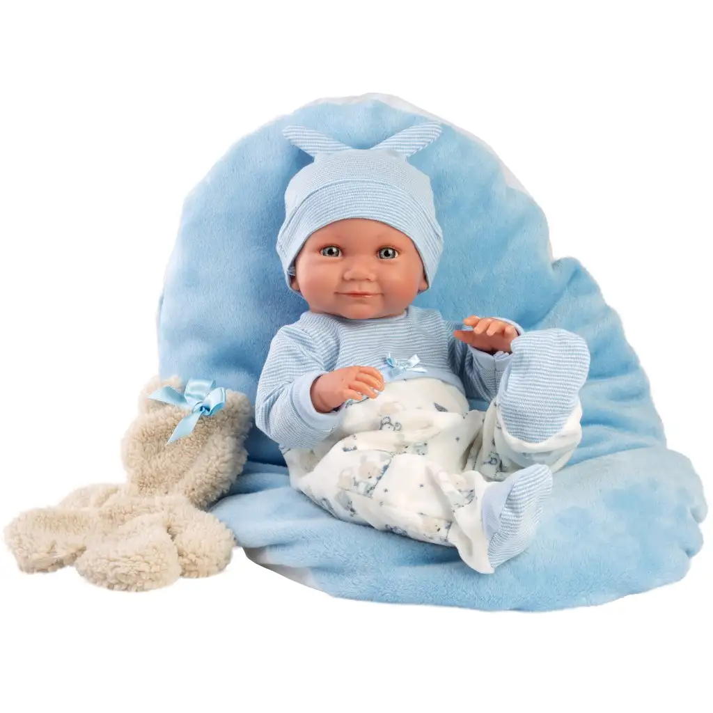 Llorens: Nico 40 cm großes Neugeborenes mit Teddybär und blauem Bettchen