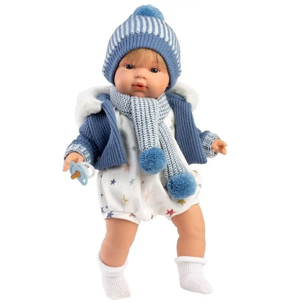 Llorens: Sasha, 38 cm weinende Puppe mit Schnuller, blauer Jacke und Bommel-Schal