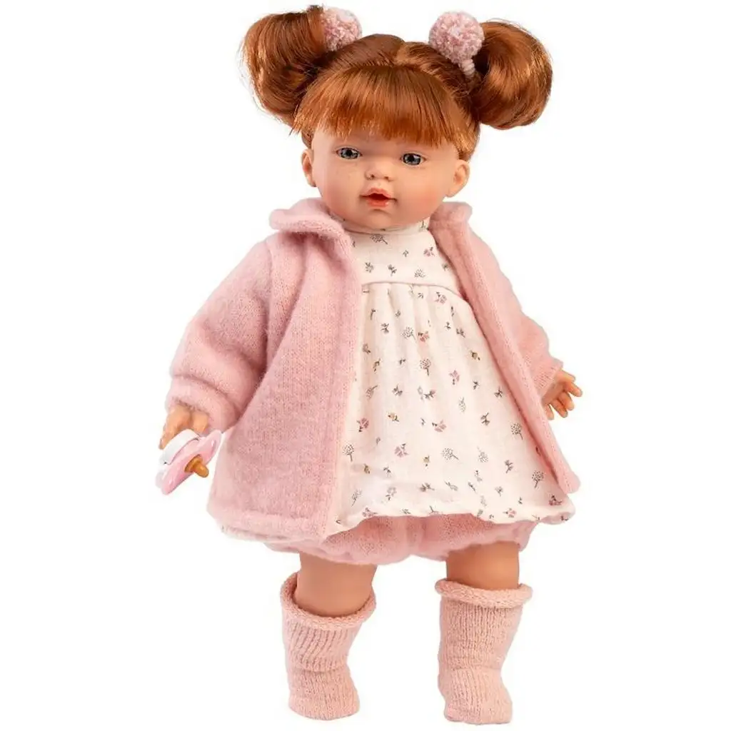 Llorens: Weinenede Puppe mit 33 cm rotem Haar, Schnuller und rosa Mantel