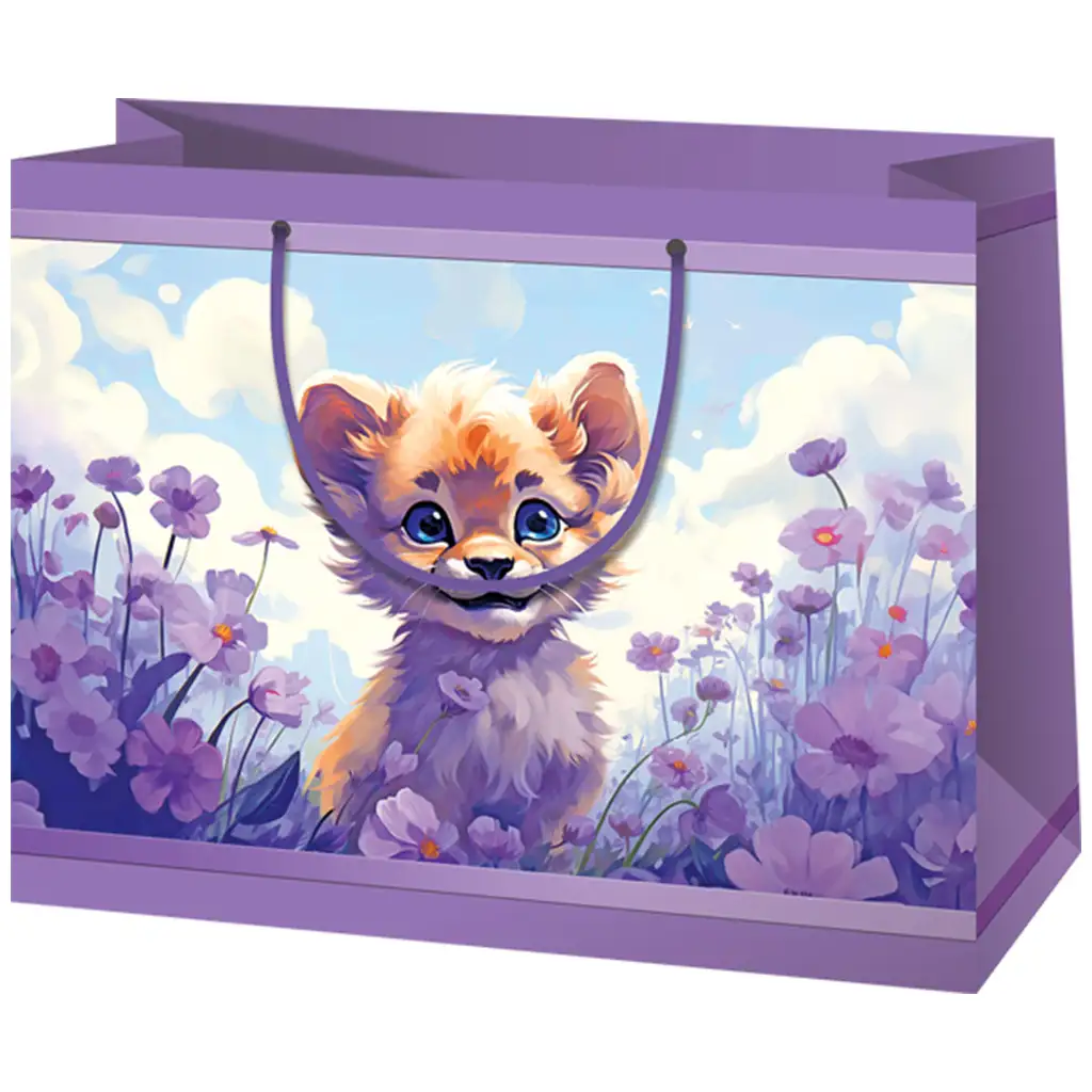 Löwenjunges mit Blumen lila mittlere exklusive Geschenktasche 18x10x23cm