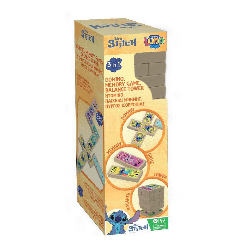 Luna: Disney Stitch 3-in-1 Gesellschaftsspiel – Jenga, Domino und Memospiel