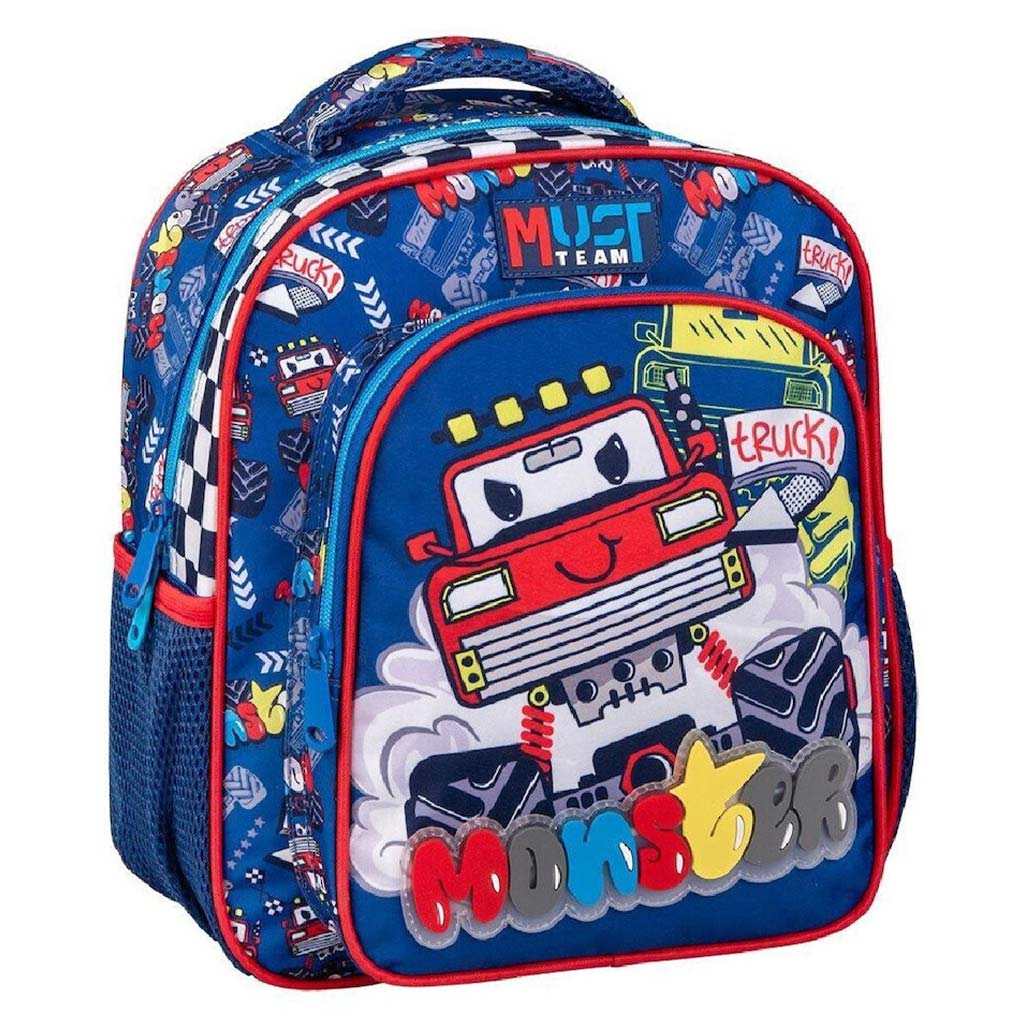 Luna: Must Team Monster Truck gemusterter, abgerundeter Kindergartenrucksack mit 2 Fächern, 27x10x31 cm