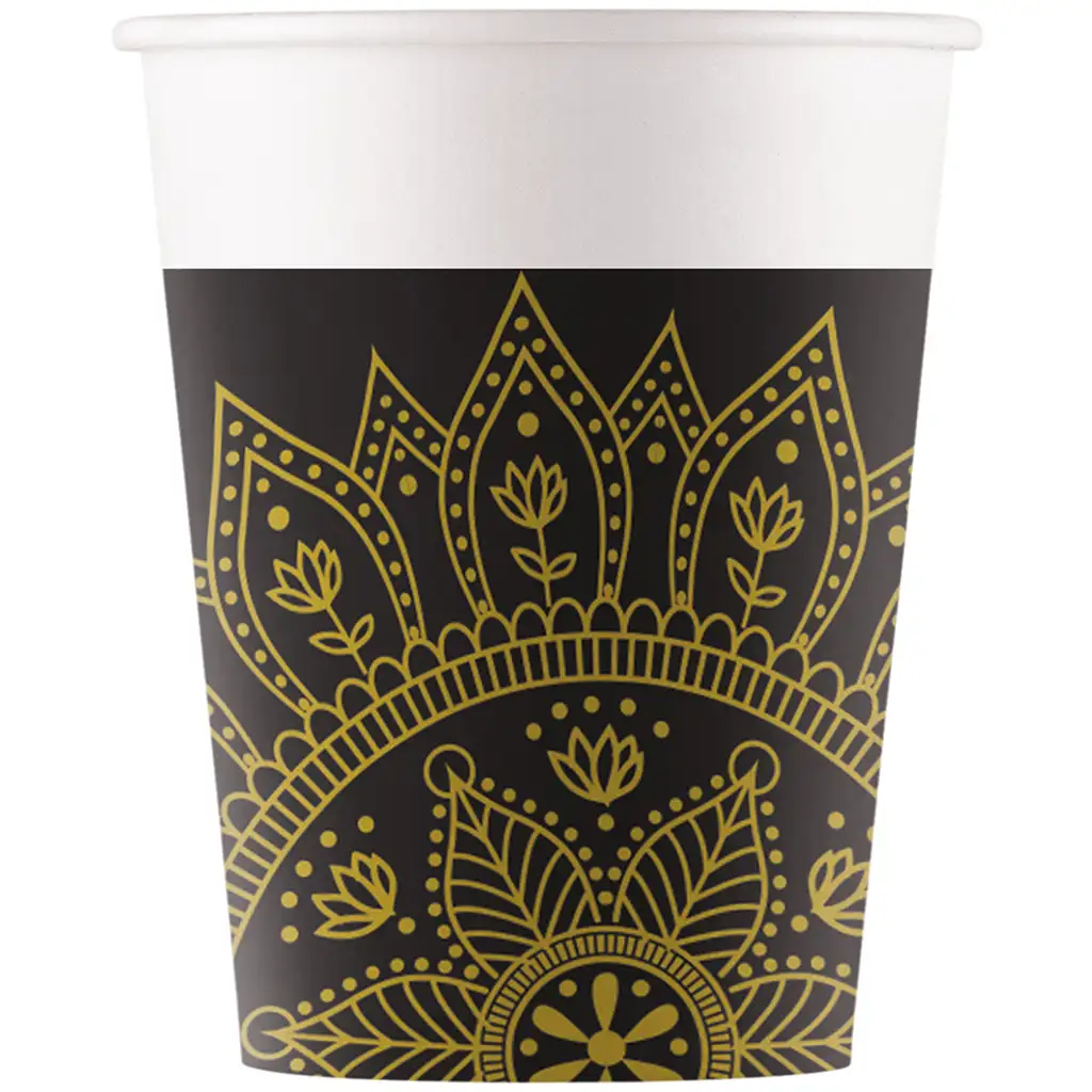 Mandala schwarz-goldene Pappbecher 8er-Set 200ml