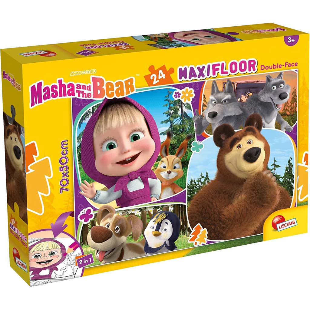 Mascha und der Bär 2-in-1 Maxi-Puzzle mit 24 Teilen und Malbuch 70x50cm – Lisciani