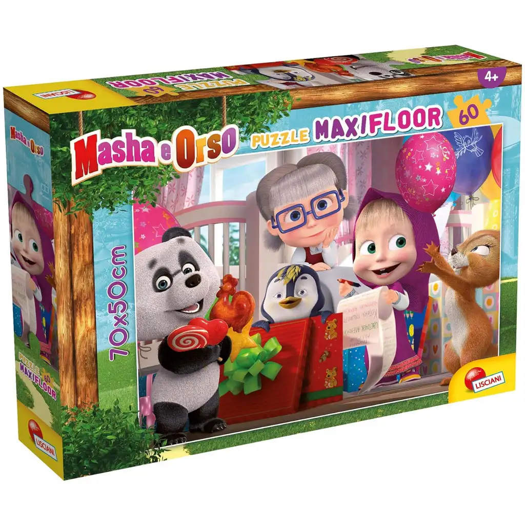 Mascha und der Bär Überraschungsparty 60-teiliges Maxi-Bodenpuzzle 70x50cm - Lisciani