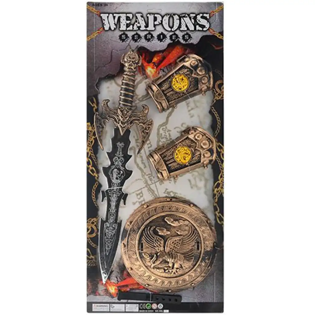 Mittelalterliches Schwert mit Schild und Handschutz, 4-teiliges Set