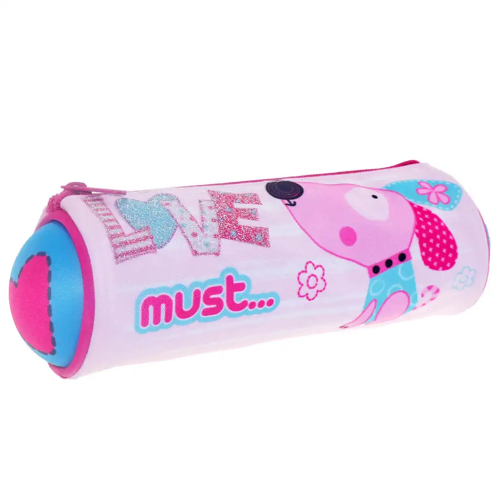 Must: Rosa zylindrische Federmappe mit Hundemotiv 20x8cm