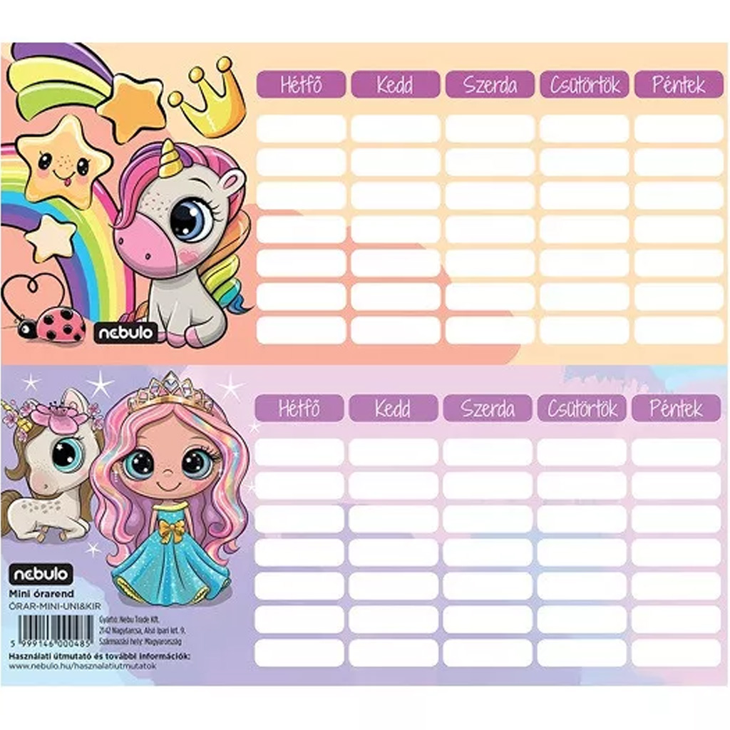Nebulo: Einhorn und Prinzessin einseitiger, zweiseitiger Mini-Stundenplan kép 1