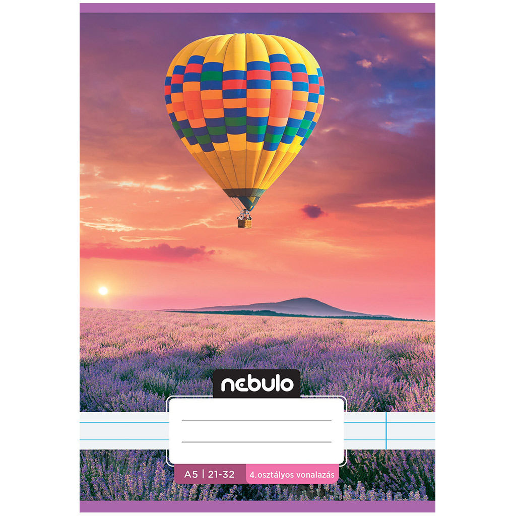 Nebulo: Geheftetes liniertes Heft für die 4. Klasse mit Heißluftballon-Muster über Lavendelfeldern, 21-32 A/5