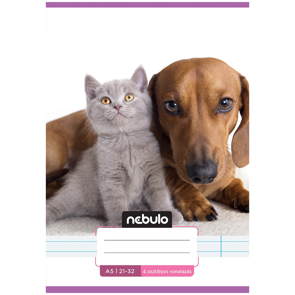 Nebulo: Geklammerte liniertes Schulheft für die 4. Klasse mit Dackel- und grauem Katzenmuster, Format 21-32 A/5