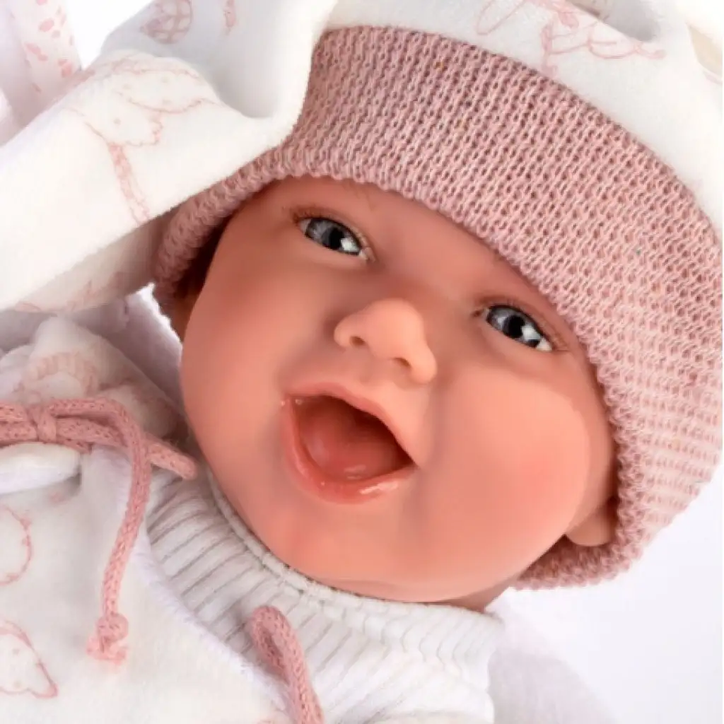 Neugeborenes weinendes Baby mit rosa Schlafmütze 40cm kép 2