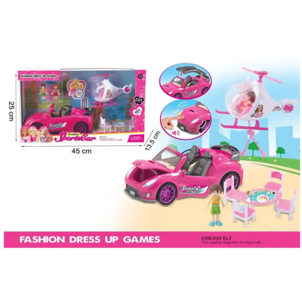 Pink leuchtendes Sportwagen-Set mit Hubschrauber und Zubehör. kép 2