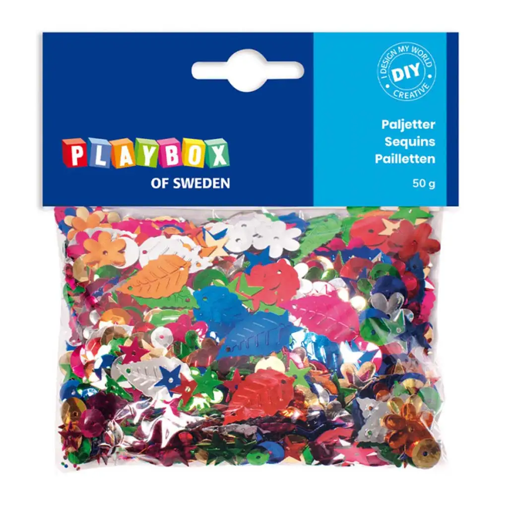 PlayBox: Pailletten in verschiedenen Größen, Farben und Formen, 50g-Packung
