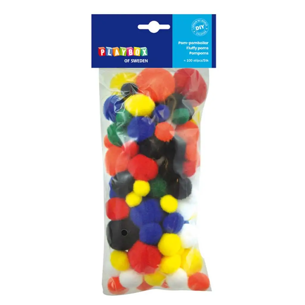 PlayBox: Pompons in Grundfarben 100 Stück 15-35mm
