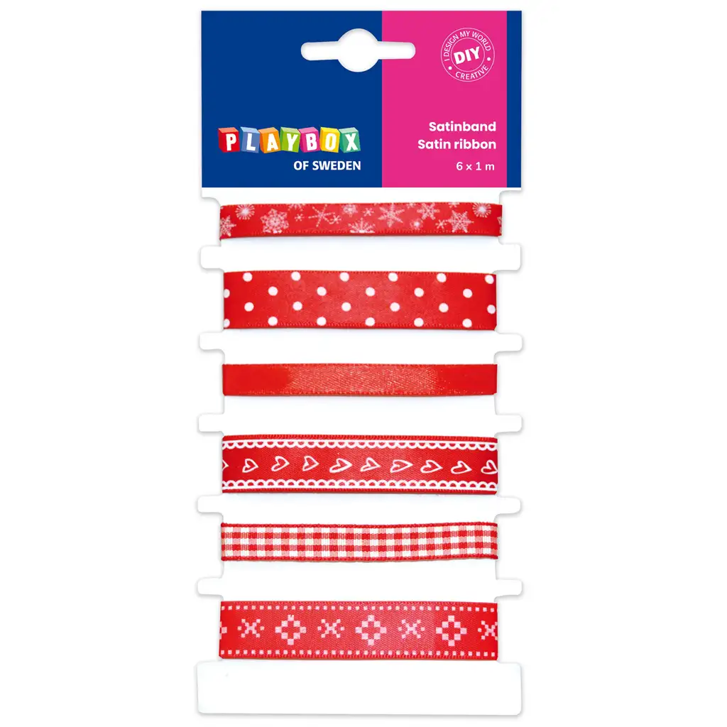 PlayBox: Rotes Satinschleifen-Set mit verschiedenen Mustern, 6er-Set, 1m