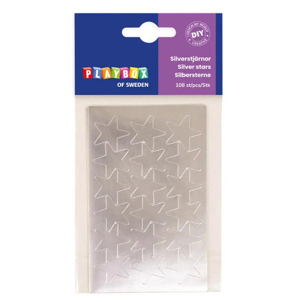 PlayBox: Selbstklebende silberne Sterne 108 Stück 25mm